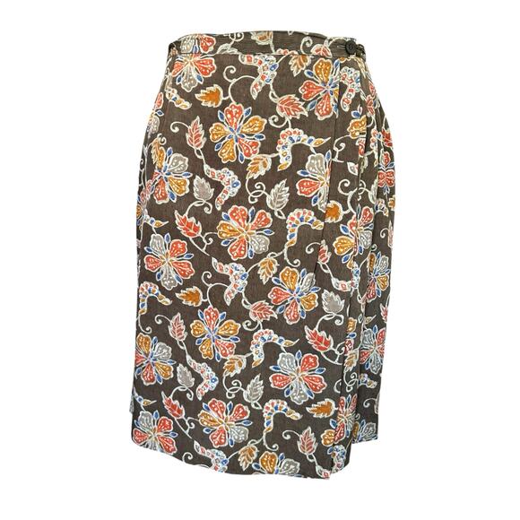 Vtg 90s Rena Rowan 100% Silk Brown Floral Wrap Skirt 18 W Fall Classic Career - Picture 1 of 5